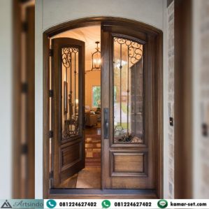 Pintu Kupu Tarung Kayu Jati Lengkung Kaca Tralis Besi