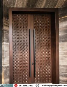 Pintu Rumah Minimalis Estetik Kayu Jati Motif Lingkaran Titik Tembaga