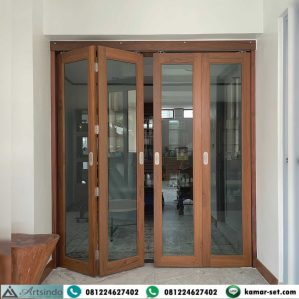 Pintu Kaca Frame Kayu Jati Lipat Roda Geser