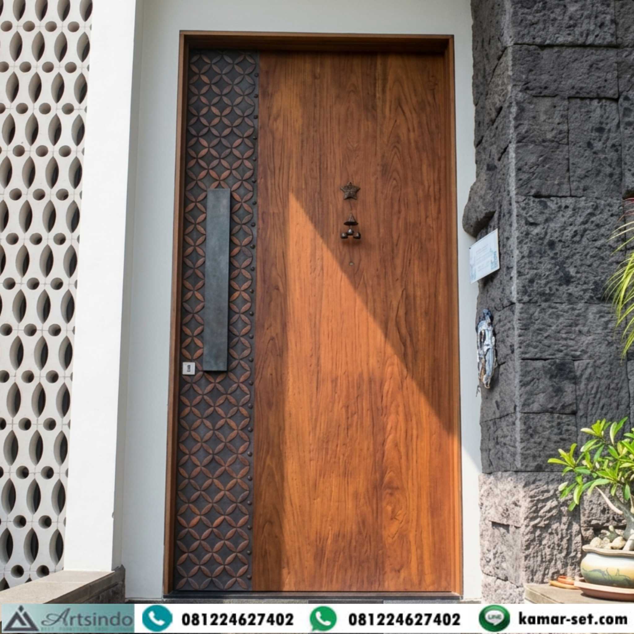 Pintu Utama Minimalis 1 Daun Lebar Kayu Jati  Motif Kawung