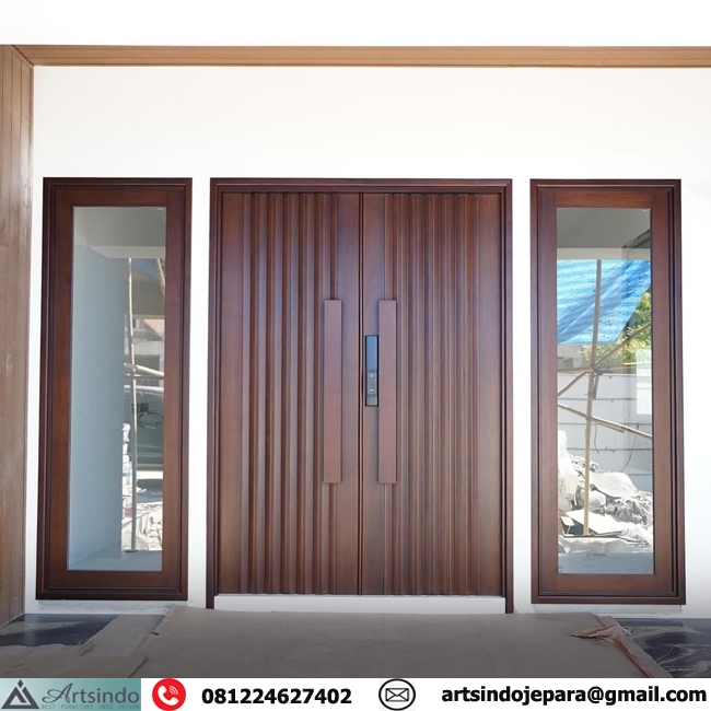 Model Pintu Utama Kayu Jati Minimalis Modern 2 Panel Jendela Kaca