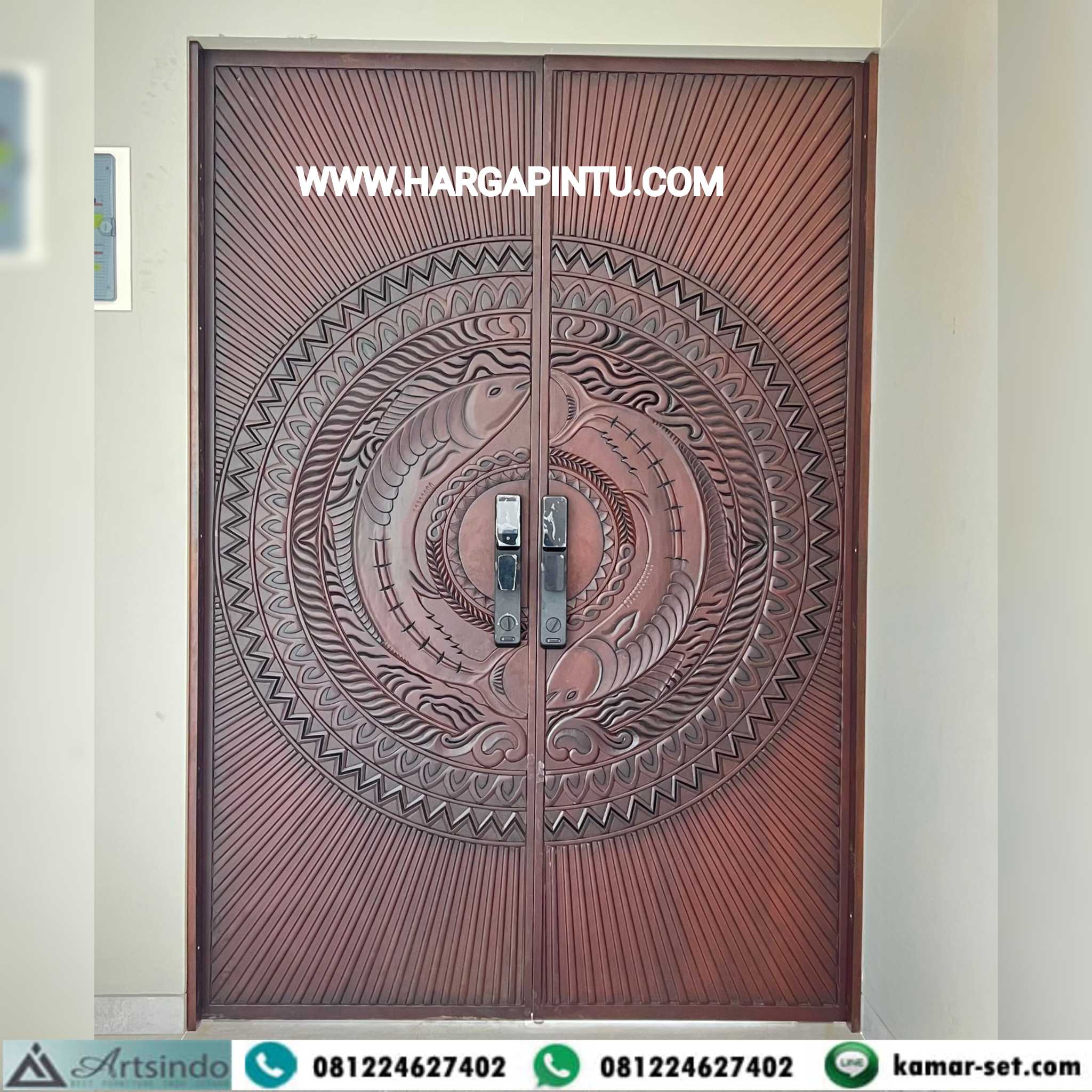 Pintu Utama Pivot Ganda Kayu Jati Motif Ikan YinYang