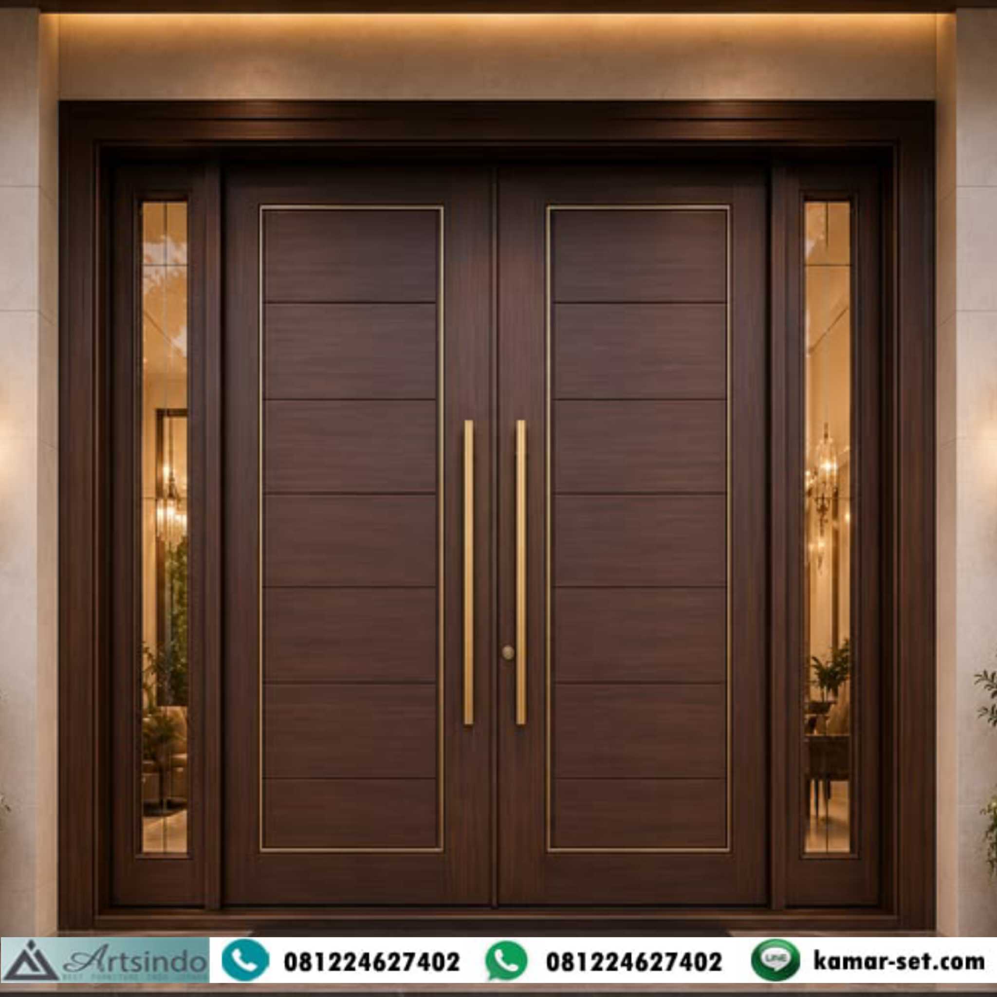 Pintu Kayu Jati Solid dengan Kaca Frosted Vertikal