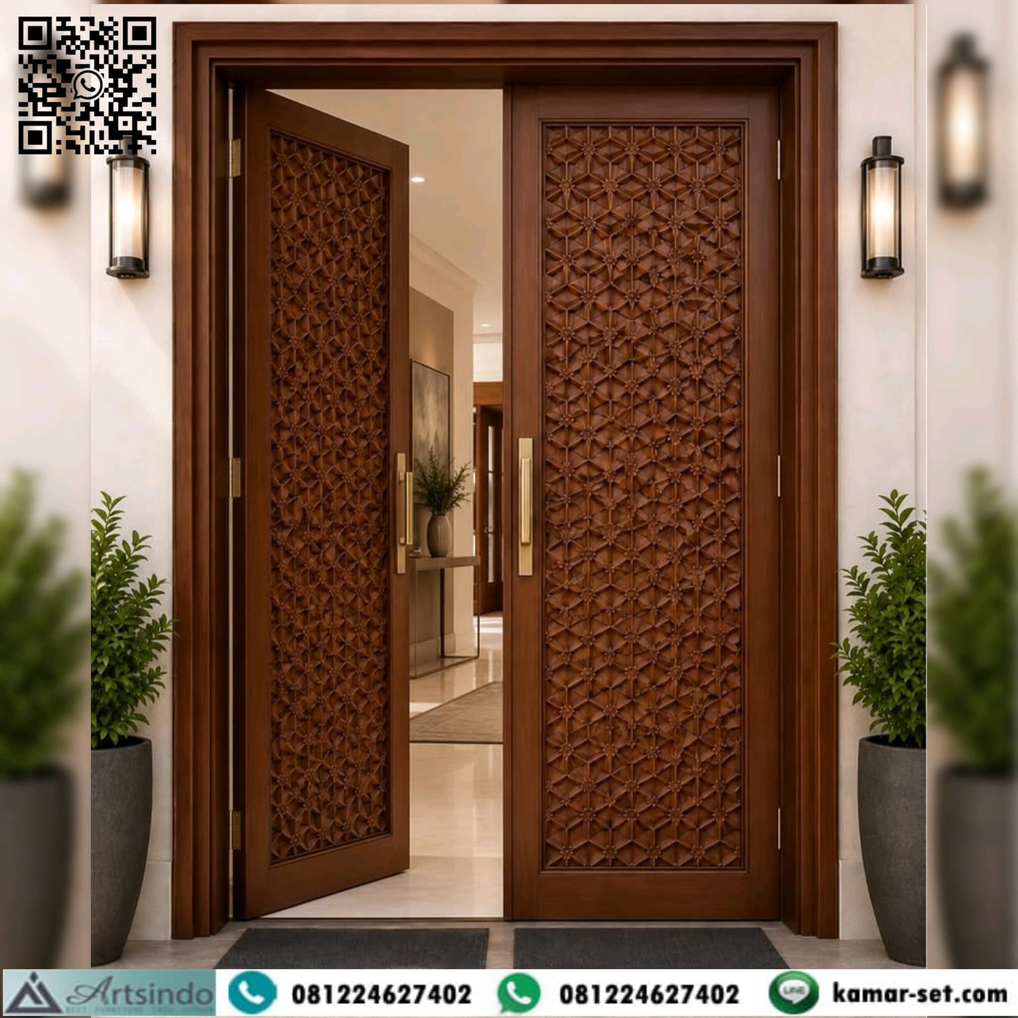 Pintu Utama Mewah Ukir Bunga Kubus 3D Kayu Jati